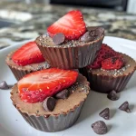 ['Close-up view of Strawberry Chia Chocolate Cashew Cups showcasing layers of strawberries and chocolate.', 'Side angle of delicious Strawberry Chia Chocolate Cashew Cups with visible chia seeds and cashew butter.', 'Juicy Strawberry Chia Chocolate Cashew Cups featuring a glossy chocolate coating and sliced strawberries.', 'Detailed image of Chocolate Cashew Cups filled with strawberries and chia seeds, highlighting their texture.']