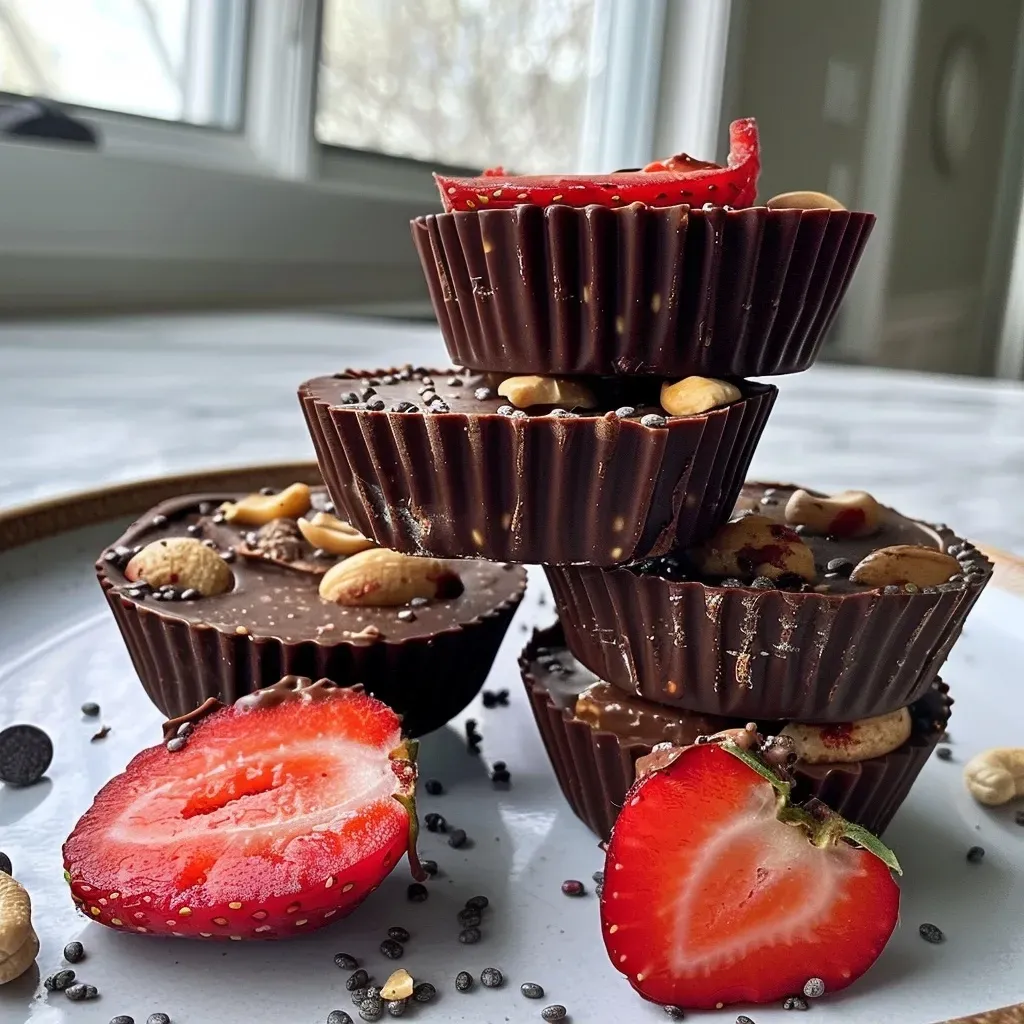 ['Close-up view of Strawberry Chia Chocolate Cashew Cups showcasing layers of strawberries and chocolate.', 'Side angle of delicious Strawberry Chia Chocolate Cashew Cups with visible chia seeds and cashew butter.', 'Juicy Strawberry Chia Chocolate Cashew Cups featuring a glossy chocolate coating and sliced strawberries.', 'Detailed image of Chocolate Cashew Cups filled with strawberries and chia seeds, highlighting their texture.']