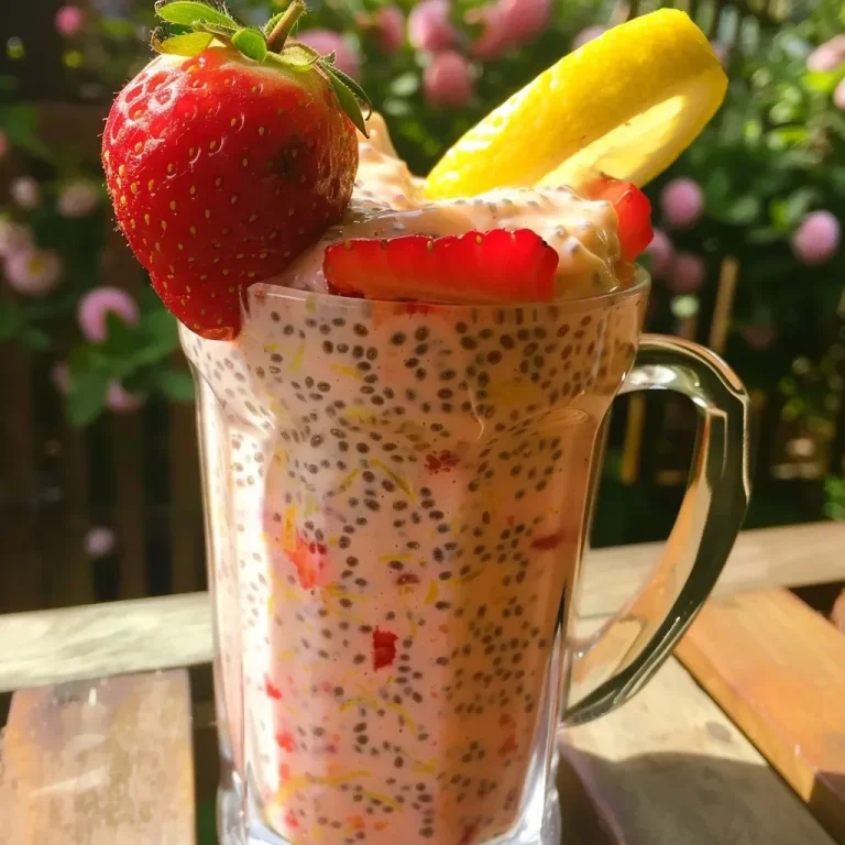 ['Close-up view of vibrant strawberry lemonade blended chia pudding in a glass.', 'Side view of a colorful dessert featuring chia pudding with layers of strawberries and lemon.', 'A refreshing glass of blended chia pudding topped with strawberry pieces and lemon zest.', 'Rich, creamy chia pudding with strawberries and lemonade, served in a clear container.']