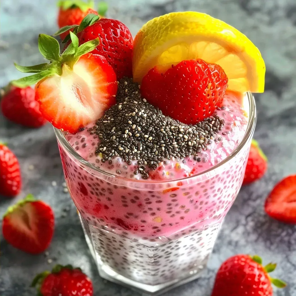 ['Close-up view of vibrant strawberry lemonade blended chia pudding in a glass.', 'Side view of a colorful dessert featuring chia pudding with layers of strawberries and lemon.', 'A refreshing glass of blended chia pudding topped with strawberry pieces and lemon zest.', 'Rich, creamy chia pudding with strawberries and lemonade, served in a clear container.']