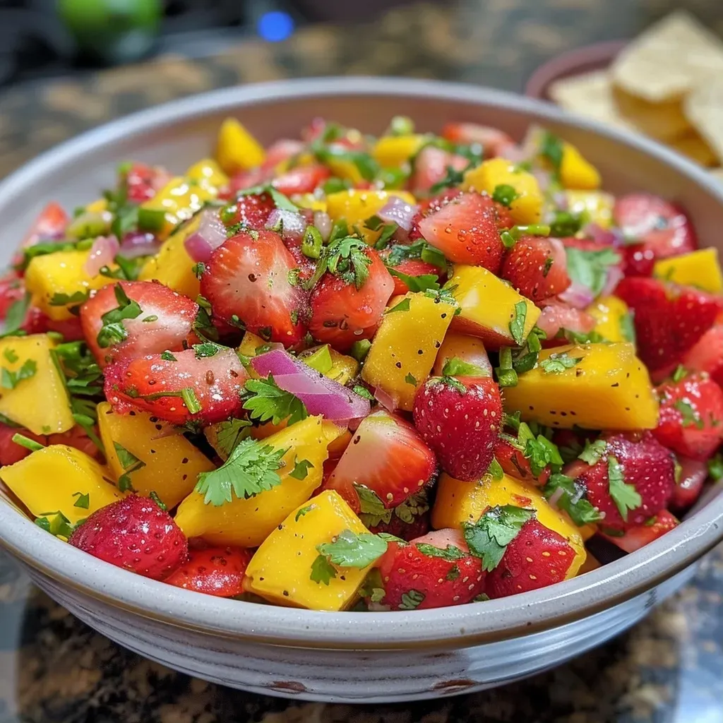 Close-up view of vibrant strawberry mango salsa in a glass bowl with chopped ingredients visible.