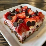 ['Close-up view of strawberry yogurt bars with a glossy coating and chocolate chips.', 'Side view of vibrant strawberry yogurt bars displaying fresh strawberries and yogurt.', 'Juicy, colorful strawberry yogurt bars stacked on a plate with chocolate chips visible.', 'Dessert bars featuring layers of strawberries and yogurt, showcasing a decadent texture.']