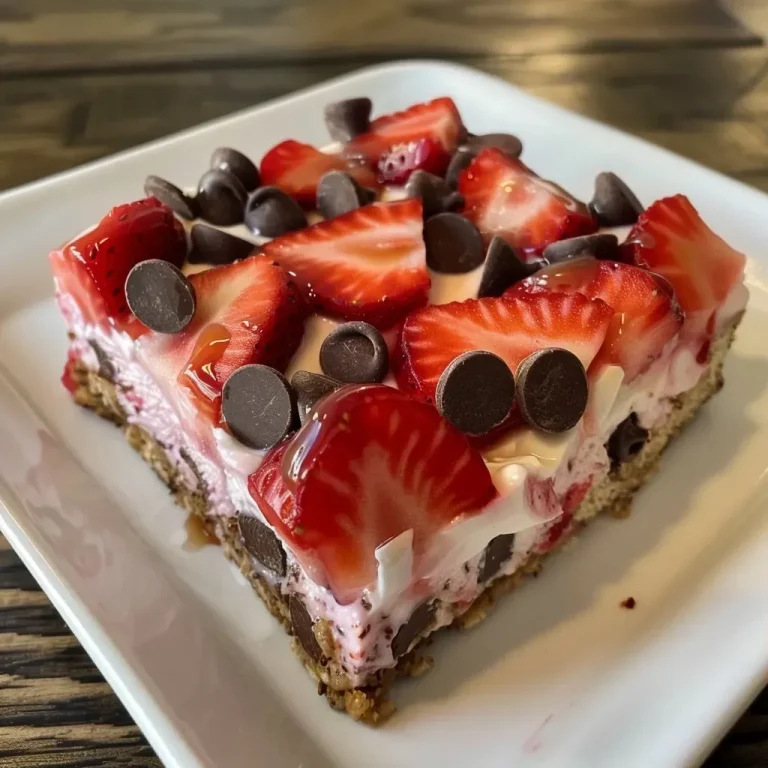 ['Close-up view of strawberry yogurt bars with a glossy coating and chocolate chips.', 'Side view of vibrant strawberry yogurt bars displaying fresh strawberries and yogurt.', 'Juicy, colorful strawberry yogurt bars stacked on a plate with chocolate chips visible.', 'Dessert bars featuring layers of strawberries and yogurt, showcasing a decadent texture.']