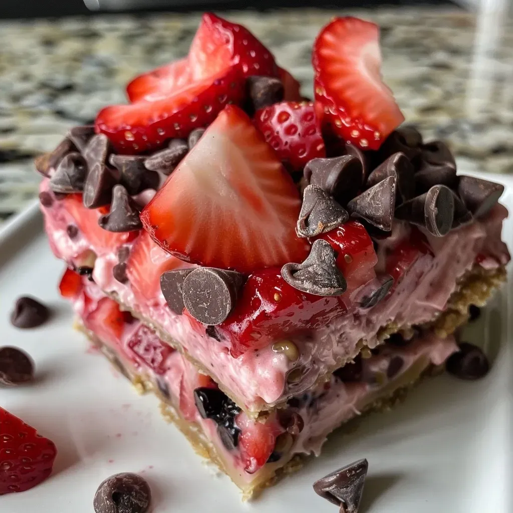 ['Close-up view of strawberry yogurt bars with a glossy coating and chocolate chips.', 'Side view of vibrant strawberry yogurt bars displaying fresh strawberries and yogurt.', 'Juicy, colorful strawberry yogurt bars stacked on a plate with chocolate chips visible.', 'Dessert bars featuring layers of strawberries and yogurt, showcasing a decadent texture.']