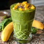 ['Close-up view of a vibrant Tropical Protein Greens Smoothie in a glass, showcasing bananas and tropical fruits.', 'Side view of a refreshing green smoothie with a frothy top, featuring mangoes and spinach.', 'Detailed image of a smoothie filled with fruits and greens, highlighting the texture and colors of the ingredients.', 'Juicy Tropical Protein Greens Smoothie displayed in a clear glass, filled with bright yellow and green ingredients.']