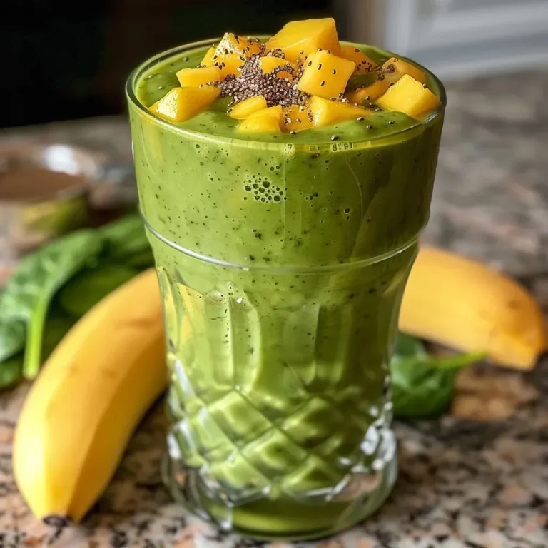 ['Close-up view of a vibrant Tropical Protein Greens Smoothie in a glass, showcasing bananas and tropical fruits.', 'Side view of a refreshing green smoothie with a frothy top, featuring mangoes and spinach.', 'Detailed image of a smoothie filled with fruits and greens, highlighting the texture and colors of the ingredients.', 'Juicy Tropical Protein Greens Smoothie displayed in a clear glass, filled with bright yellow and green ingredients.']