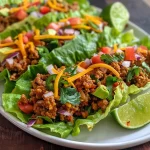 ['Side view of turkey taco lettuce wraps filled with colorful ingredients.', 'Juicy turkey taco lettuce wraps displayed on a white plate with fresh toppings.', 'Close-up of vibrant turkey taco lettuce wraps showcasing fresh vegetables and spices.', 'Detailed view of lettuce cups filled with ground turkey, cheese, and toppings.']