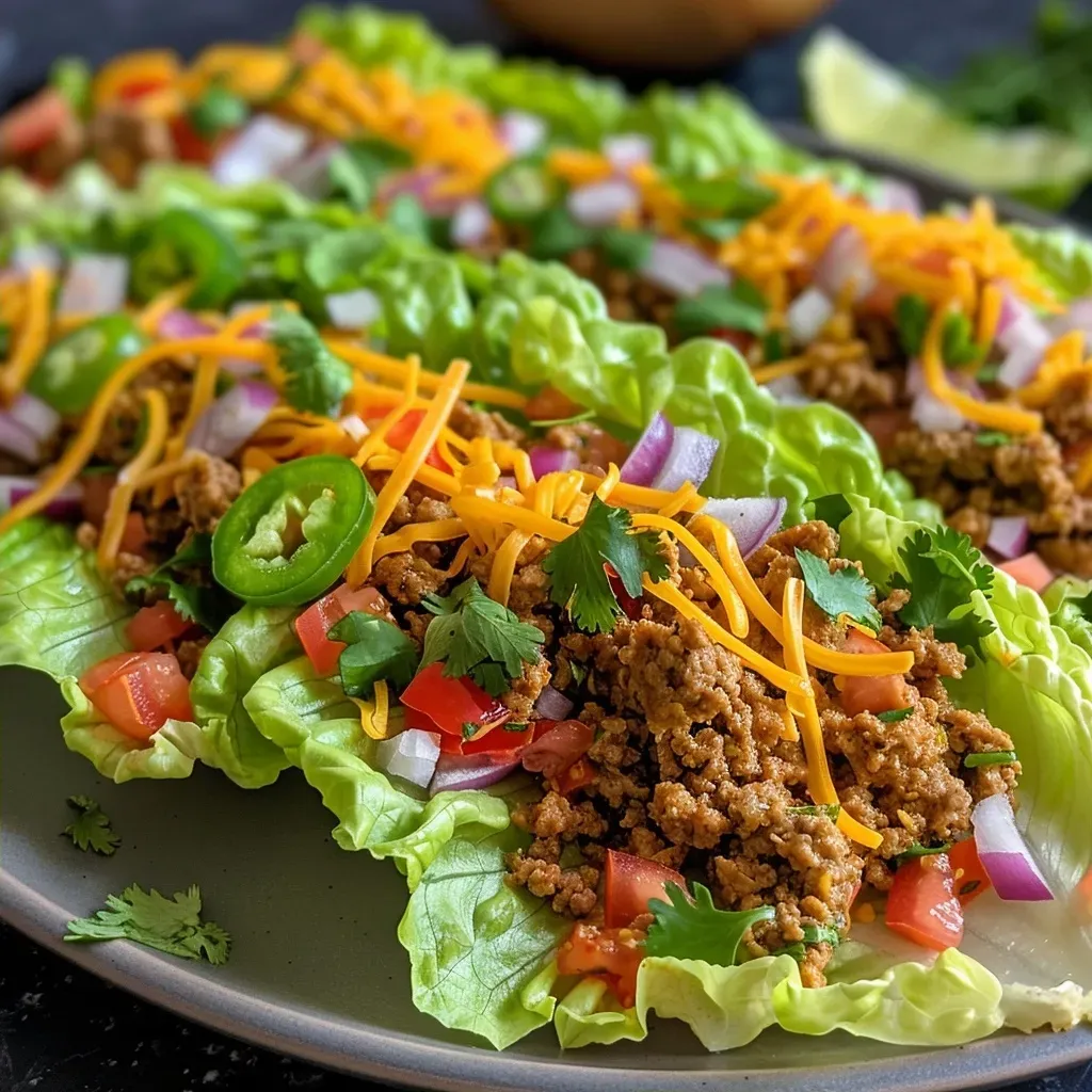 ['Side view of turkey taco lettuce wraps filled with colorful ingredients.', 'Juicy turkey taco lettuce wraps displayed on a white plate with fresh toppings.', 'Close-up of vibrant turkey taco lettuce wraps showcasing fresh vegetables and spices.', 'Detailed view of lettuce cups filled with ground turkey, cheese, and toppings.']