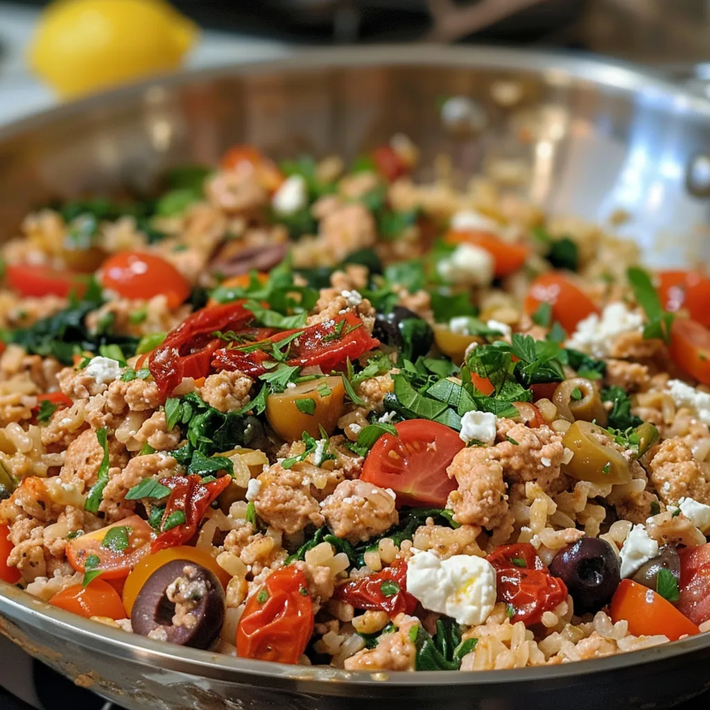 ['A close-up view of a skillet filled with ground turkey and rice, garnished with green beans and diced tomatoes.', 'Juicy ground turkey and rice mixed with fresh green beans, showcased in a cast-iron skillet.', 'A vibrant dish of ground turkey and rice, topped with diced tomatoes and vegetables in a frying pan.', 'Side view of a delicious ground turkey and rice skillet, complete with green beans and herbs.']