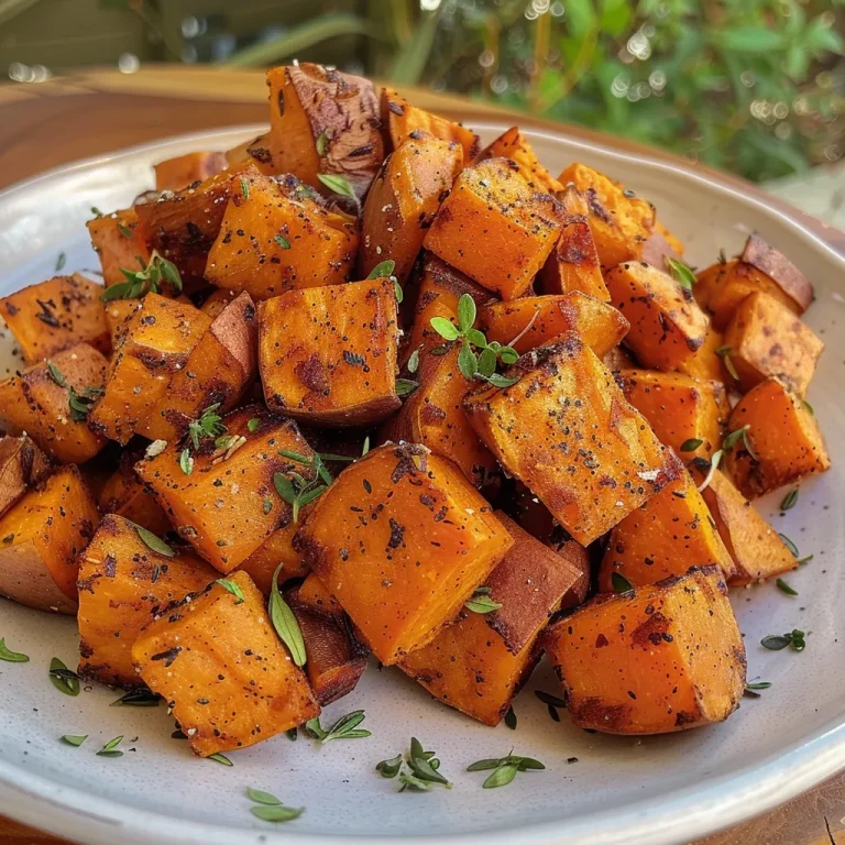 ['Close-up of golden-brown air fryer sweet potato cubes with a crispy exterior.', 'Side view of diced sweet potatoes, perfectly cooked in an air fryer, showcasing their juicy texture.', 'Appetizing roasted sweet potato cubes with a sprinkle of spices, captured in natural light.', 'A vibrant dish of air-fried sweet potato cubes, highlighting their crispy edges and soft interiors.']