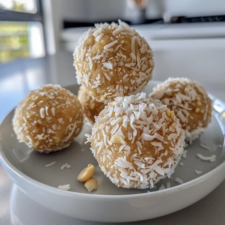['Close-up view of No-Bake Cashew Coconut Balls arranged on a plate.', 'Delicious No-Bake Cashew Coconut Balls with a shiny texture against a blurred background.', 'Side view of several No-Bake Cashew Coconut Balls with a sprinkle of shredded coconut.', 'Freshly made No-Bake Cashew Coconut Balls displayed on a wooden table.']