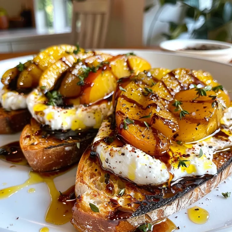 ['Close-up view of Burrata toast topped with caramelized peaches, showcasing vibrant colors.', 'Side view of a beautifully presented Burrata toast with golden caramelized peach slices.', 'Juicy Burrata cheese on crusty bread, adorned with sweet peaches and herbs.', 'A deliciously plated Burrata toast with peaches, drizzled with balsamic glaze.']