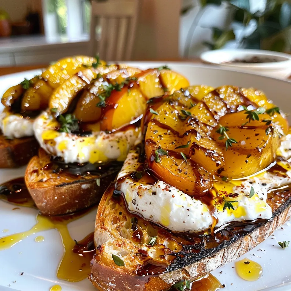 ['Close-up view of Burrata toast topped with caramelized peaches, showcasing vibrant colors.', 'Side view of a beautifully presented Burrata toast with golden caramelized peach slices.', 'Juicy Burrata cheese on crusty bread, adorned with sweet peaches and herbs.', 'A deliciously plated Burrata toast with peaches, drizzled with balsamic glaze.']