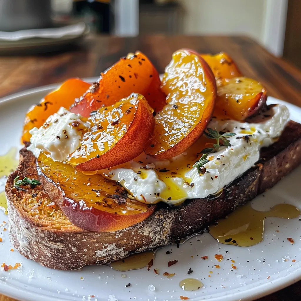 ['Close-up view of Burrata toast topped with caramelized peaches, showcasing vibrant colors.', 'Side view of a beautifully presented Burrata toast with golden caramelized peach slices.', 'Juicy Burrata cheese on crusty bread, adorned with sweet peaches and herbs.', 'A deliciously plated Burrata toast with peaches, drizzled with balsamic glaze.']