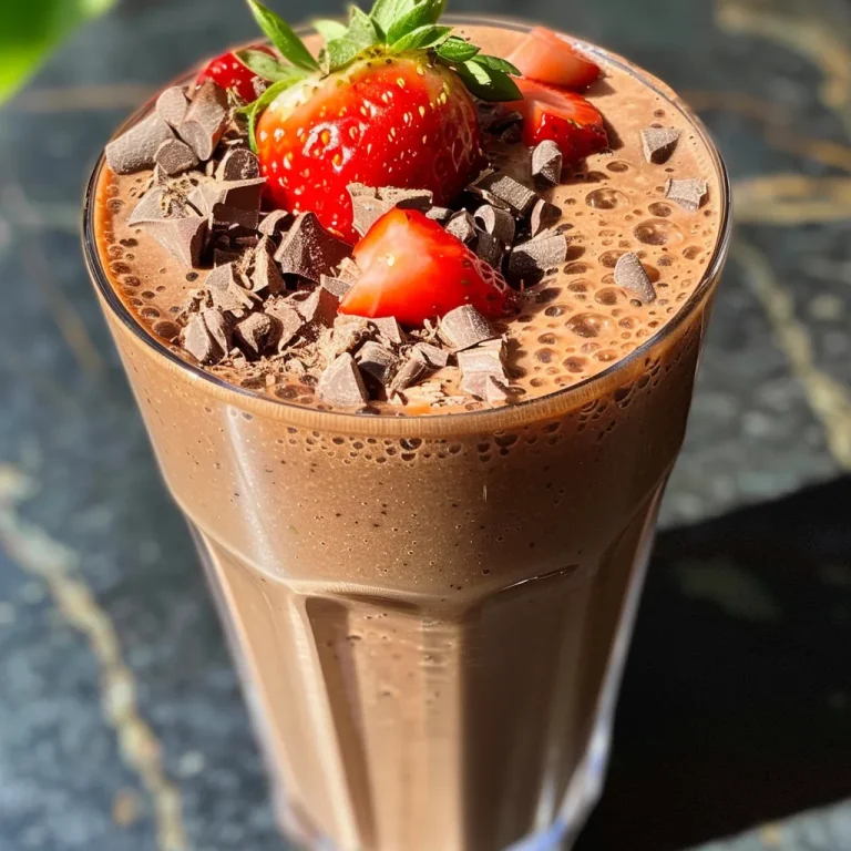 ['Close-up of a Keto Chocolate Strawberry Protein Smoothie in a glass, garnished with fresh strawberries.', 'Side view of a thick, chocolate-colored smoothie with strawberry slices on top, set against a neutral background.', 'A vibrant Keto Chocolate Strawberry Protein Smoothie displayed in a clear glass with cocoa powder sprinkled around it.', 'Rich chocolate smoothie with strawberries visible inside, captured in a side profile perspective.']