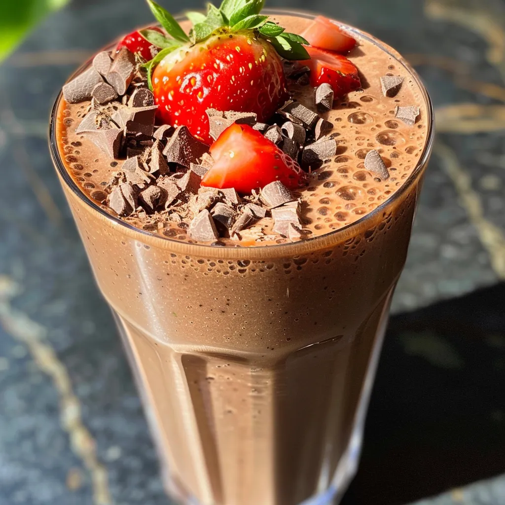 ['Close-up of a Keto Chocolate Strawberry Protein Smoothie in a glass, garnished with fresh strawberries.', 'Side view of a thick, chocolate-colored smoothie with strawberry slices on top, set against a neutral background.', 'A vibrant Keto Chocolate Strawberry Protein Smoothie displayed in a clear glass with cocoa powder sprinkled around it.', 'Rich chocolate smoothie with strawberries visible inside, captured in a side profile perspective.']