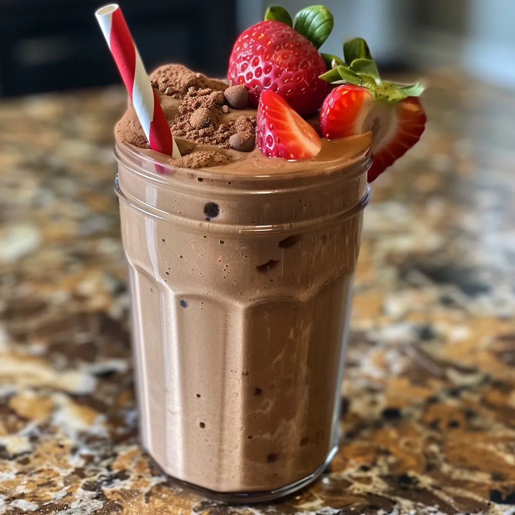Close-up of a Keto Chocolate Strawberry Protein Smoothie in a glass, garnished with fresh strawberries.