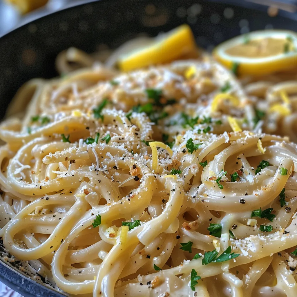 ['Close-up view of creamy lemon sauce with pasta, garnished with fresh parsley.', 'Side view of Lemon Cream Sauce drizzled over pasta, highlighting its rich texture.', 'Juicy lemon cream sauce in a bowl, with pasta and parsley, set on a rustic table.', 'Creamy lemon sauce for pasta, featuring vibrant colors and appealing presentation.']