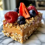 ['Close-up view of vibrant Healthy Frozen Yogurt Granola Bars with fruit toppings.', 'Side view of granola bars made with yogurt, oats, and fresh berries.', 'Detailed shot of frozen yogurt granola bars featuring sliced strawberries and blueberries.', 'Tasty granola bars showcasing yogurt, oats, and colorful berries.']