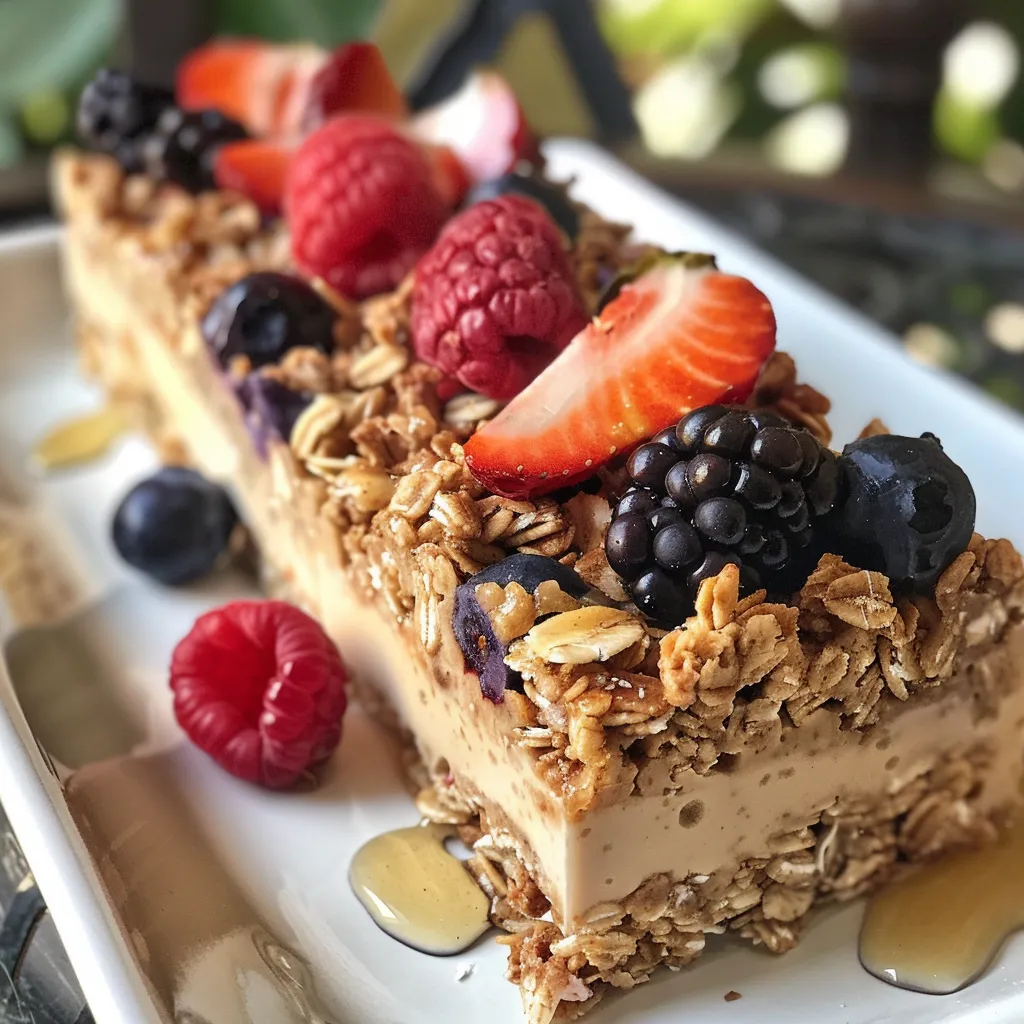 ['Close-up view of vibrant Healthy Frozen Yogurt Granola Bars with fruit toppings.', 'Side view of granola bars made with yogurt, oats, and fresh berries.', 'Detailed shot of frozen yogurt granola bars featuring sliced strawberries and blueberries.', 'Tasty granola bars showcasing yogurt, oats, and colorful berries.']
