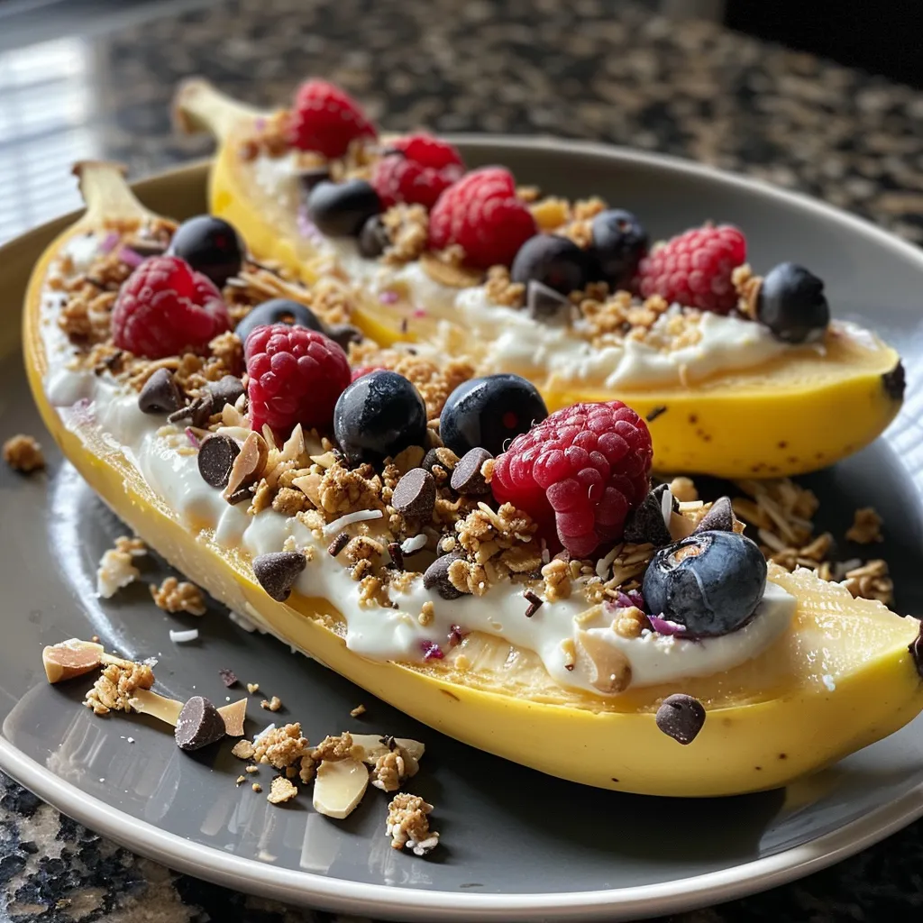 ['Close-up of Heavenly Banana Boats topped with colorful berries and yogurt.', 'Side view of banana halves filled with yogurt and various toppings.', 'Juicy banana boats garnished with fruit, yogurt, and chocolate chips.', 'Delicious banana halves filled with yogurt and served with granola.']