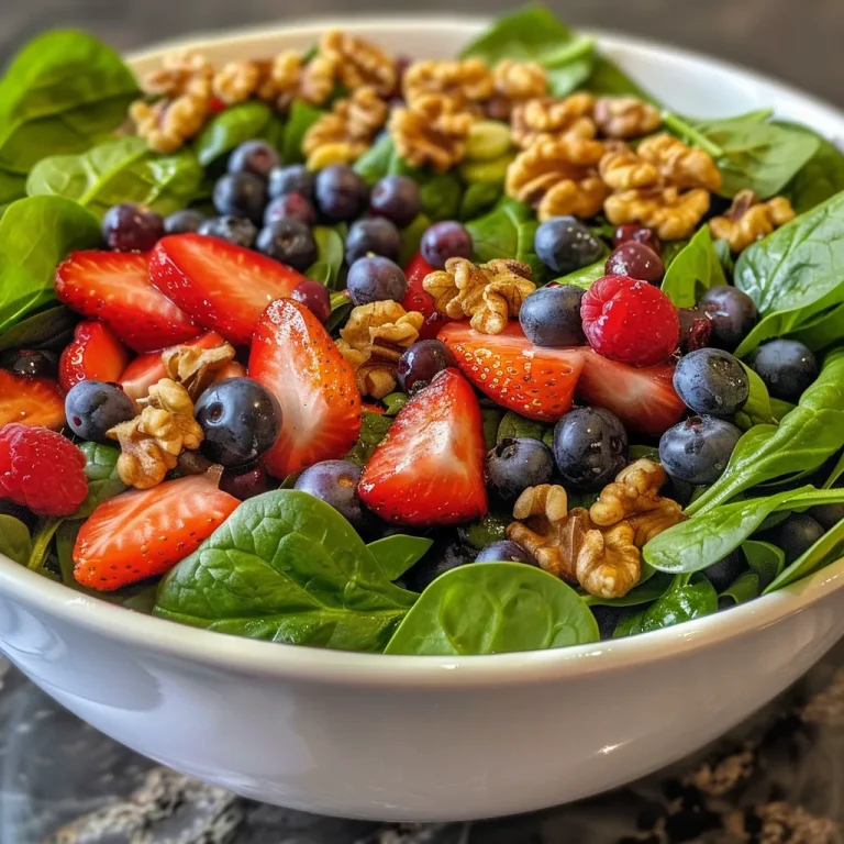 ['Close-up view of a vibrant spinach salad topped with strawberries and blueberries.', 'Side angle of a fresh strawberry blueberry spinach salad with nuts and dressing.', 'Brightly colored spinach salad featuring juicy strawberries and blueberries in a bowl.', 'Delicious strawberry blueberry spinach salad with toasted walnuts and a light dressing.']