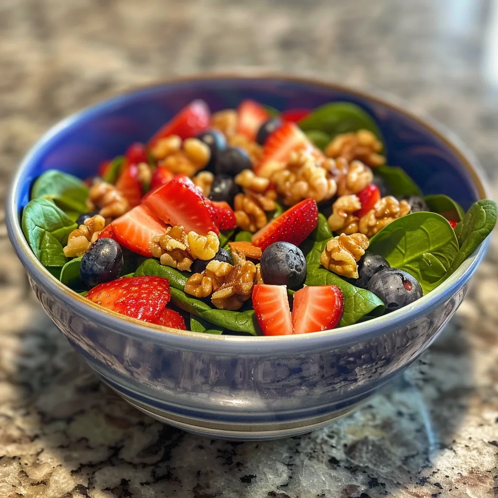 Close-up view of a vibrant spinach salad topped with strawberries and blueberries.