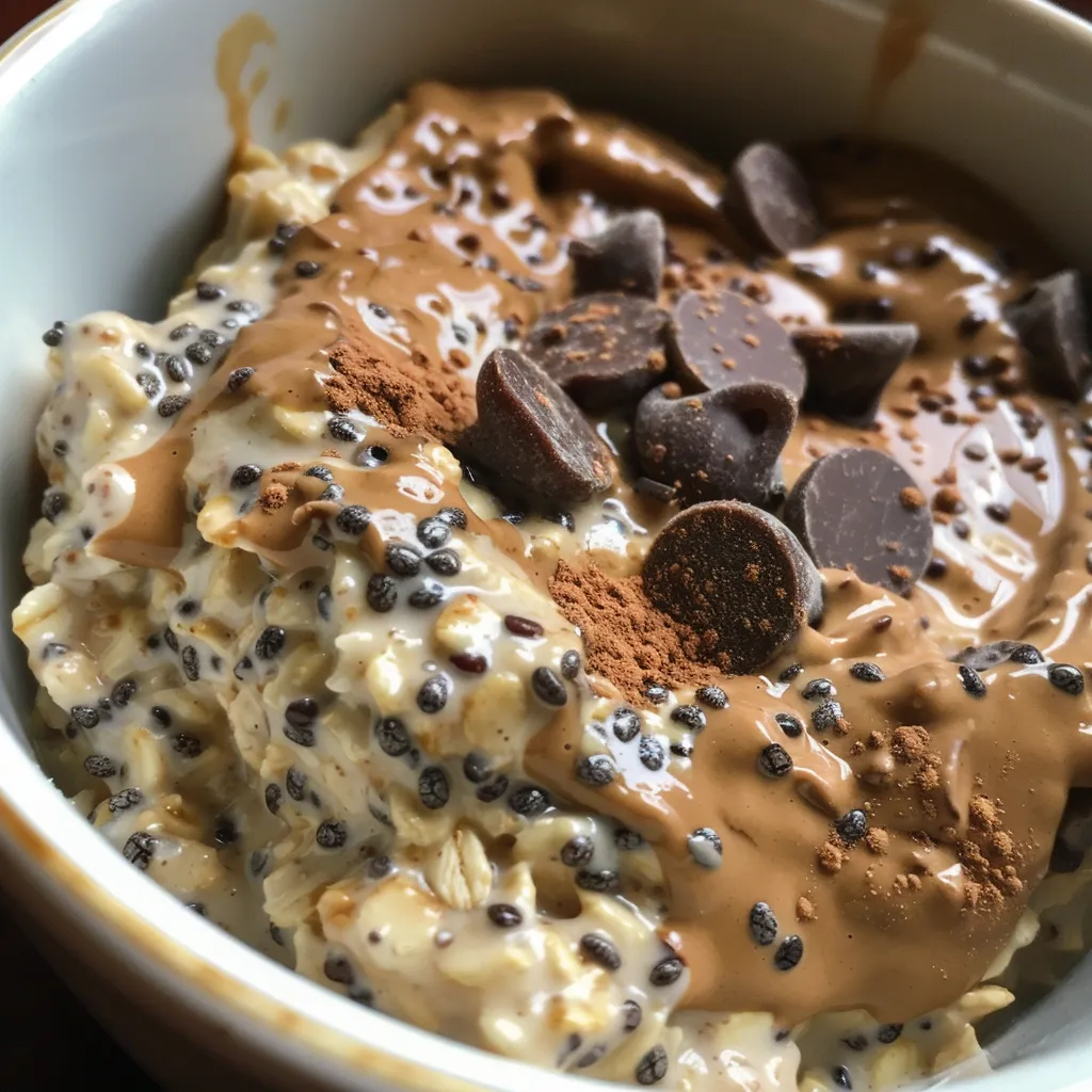 ['Close-up of creamy chocolate chip cookie dough overnight oats in a clear jar.', 'Side view of a jar filled with chocolate chip cookie dough overnight oats, displaying chocolate chips on top.', 'Vibrant layer of chocolate chip cookie dough overnight oats with a smooth texture.', 'Delicious chocolate chip cookie dough overnight oats in a transparent container, showcasing oats and chocolate chips.']