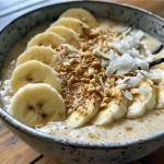 ['Close-up view of a creamy vanilla coconut smoothie bowl topped with fresh fruits and nuts.', 'Side view of a smoothie bowl featuring coconut milk, bananas, and vanilla bean, garnished with toppings.', 'Vibrant smoothie bowl made from frozen bananas and coconut, displayed in a bowl with colorful toppings.', 'Thick vanilla coconut smoothie bowl with slices of banana and a sprinkle of seeds, shot from the side.']
