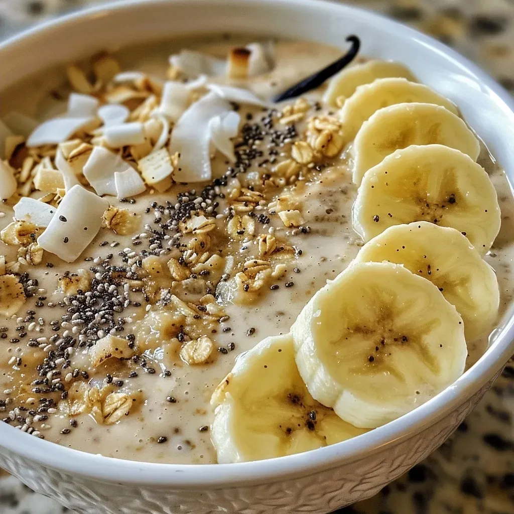 ['Close-up view of a creamy vanilla coconut smoothie bowl topped with fresh fruits and nuts.', 'Side view of a smoothie bowl featuring coconut milk, bananas, and vanilla bean, garnished with toppings.', 'Vibrant smoothie bowl made from frozen bananas and coconut, displayed in a bowl with colorful toppings.', 'Thick vanilla coconut smoothie bowl with slices of banana and a sprinkle of seeds, shot from the side.']