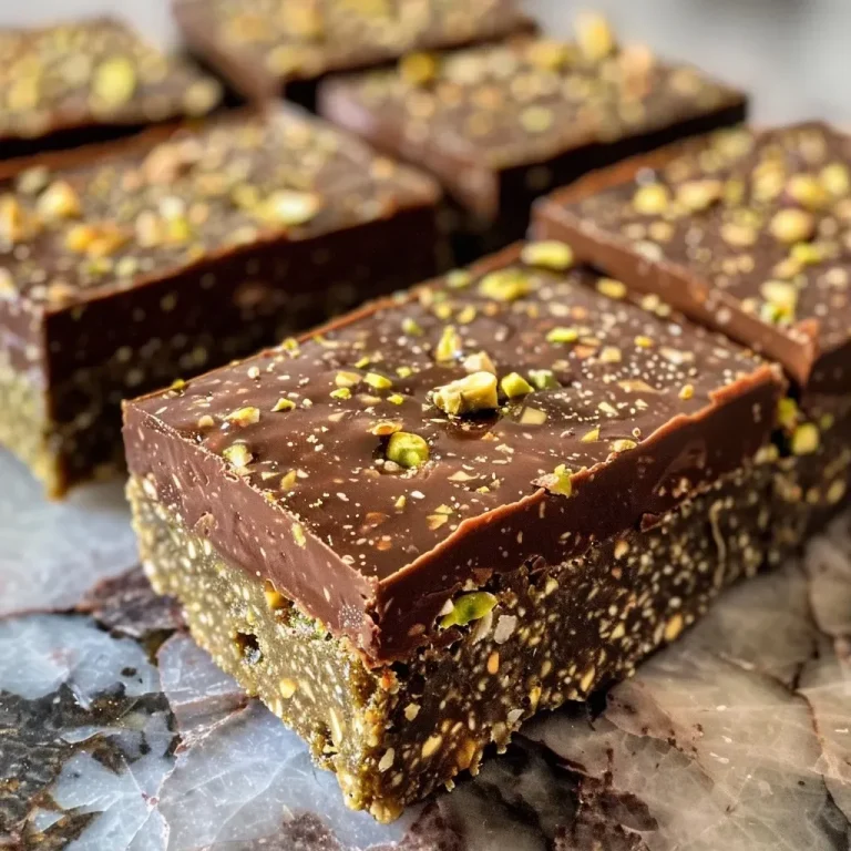 ['Close-up of sliced vegan pistachio protein bars with a rich green color and dark chocolate coating.', 'Side view of delicious vegan pistachio protein bars topped with melted dark chocolate and garnished with crushed pistachios.', 'Juicy vegan protein bars made with pistachio butter, displayed on a wooden board with natural lighting.', 'A detailed look at vibrant green vegan pistachio protein bars, drizzled with dark chocolate, ready to enjoy.']