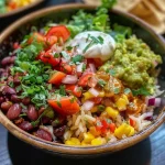 ['Close-up of a colorful veggie burrito bowl with rice, beans, and fresh vegetables.', 'Side view of a vibrant veggie burrito bowl featuring layers of rice, beans, and toppings.', 'Delicious veggie burrito bowl with lime rice, kidney beans, and assorted fresh greens.', 'Juicy veggie burrito bowl filled with colorful ingredients like corn, tomatoes, and guacamole.']