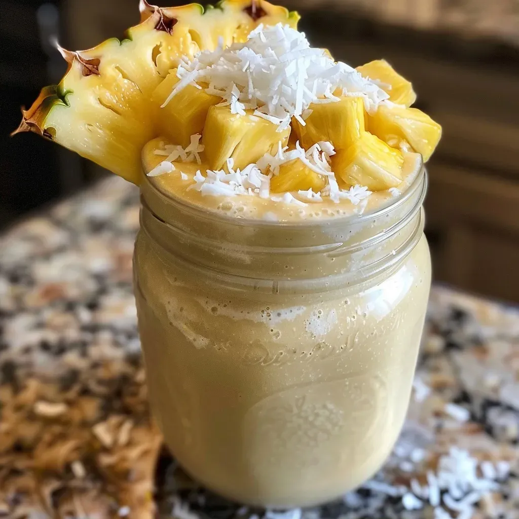 ['Close-up view of a colorful weight gain smoothie in a glass with coconut flakes sprinkled on top.', 'Side view of a creamy weight gain smoothie made with frozen pineapple and banana, topped with coconut flakes.', 'A refreshing weight gain smoothie showcasing vibrant yellow and green hues, presented in a clear glass.', 'Thick weight gain smoothie featuring frozen fruits and coconut milk, viewed from the side.']