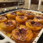 ['Close-up view of baked peaches with sugar and butter, showcasing a golden crust.', 'Juicy baked peaches arranged on a plate, surrounded by slices of bread and butter.', 'Side view of delicious baked peaches, emphasizing the caramelized edges and soft texture.', 'Close-up of baked peaches with a shiny, sugary glaze, placed on a rustic wooden table.']