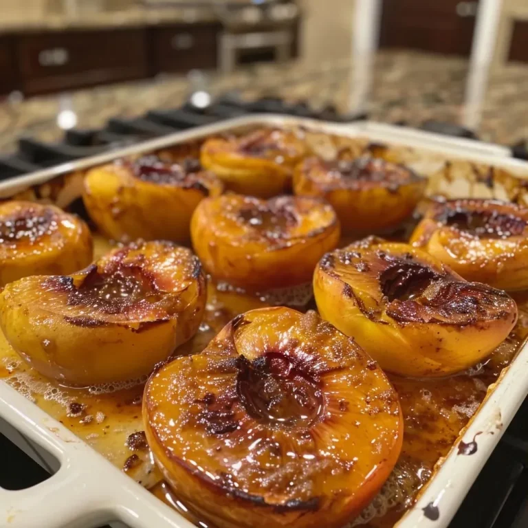 ['Close-up view of baked peaches with sugar and butter, showcasing a golden crust.', 'Juicy baked peaches arranged on a plate, surrounded by slices of bread and butter.', 'Side view of delicious baked peaches, emphasizing the caramelized edges and soft texture.', 'Close-up of baked peaches with a shiny, sugary glaze, placed on a rustic wooden table.']