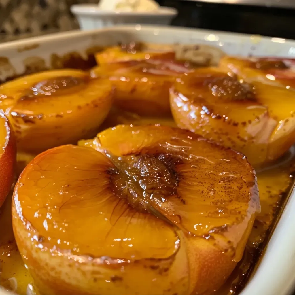 ['Close-up view of baked peaches with sugar and butter, showcasing a golden crust.', 'Juicy baked peaches arranged on a plate, surrounded by slices of bread and butter.', 'Side view of delicious baked peaches, emphasizing the caramelized edges and soft texture.', 'Close-up of baked peaches with a shiny, sugary glaze, placed on a rustic wooden table.']