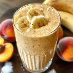 ['Close-up of a creamy banana peach smoothie in a glass with ice cubes.', 'Side view of a refreshing banana peach smoothie topped with fresh peach slices.', 'A vibrant banana peach smoothie in a clear glass, showcasing its smooth texture.', 'Thick banana peach smoothie served in a clear cup, filled with ice and garnished with fruit.']