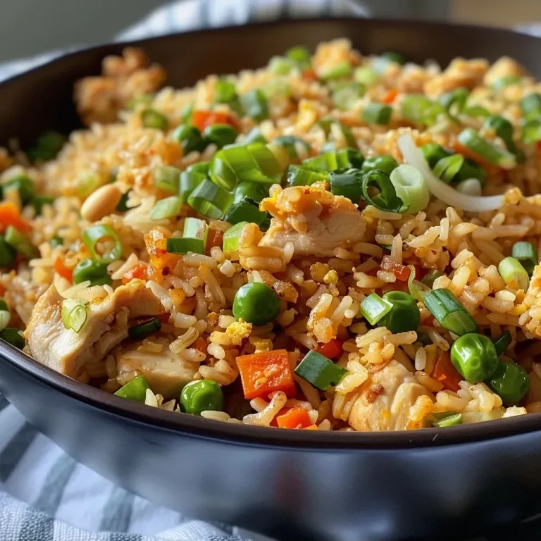 ['A close-up view of a bowl of Bang Bang Fried Rice, featuring diced chicken and colorful vegetables.', 'Juicy Bang Bang Fried Rice garnished with sliced green onions in a white bowl.', 'Delicious Bang Bang Fried Rice with a golden hue, showcasing peas and carrots mixed throughout.', 'A side view of Bang Bang Fried Rice highlighting the textures of chicken and colorful ingredients.']