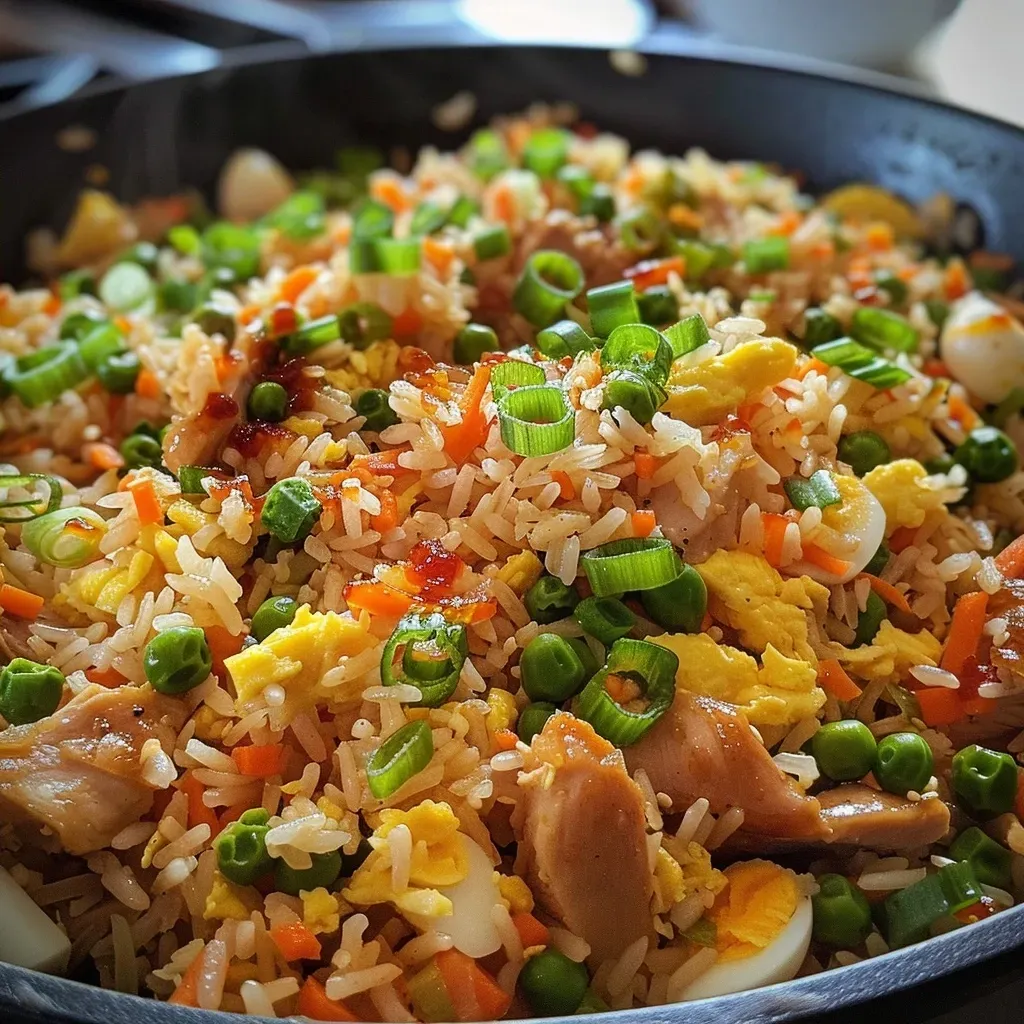 ['A close-up view of a bowl of Bang Bang Fried Rice, featuring diced chicken and colorful vegetables.', 'Juicy Bang Bang Fried Rice garnished with sliced green onions in a white bowl.', 'Delicious Bang Bang Fried Rice with a golden hue, showcasing peas and carrots mixed throughout.', 'A side view of Bang Bang Fried Rice highlighting the textures of chicken and colorful ingredients.']