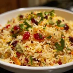['Close-up of a colorful berry pilaf with basmati rice and spices.', 'Side view of richly colored berry pulao garnished with saffron.', 'A vibrant bowl of berry pilaf highlighting rice and dried fruits.', 'Juicy berry pulao with aromatic spices photographed closely.']