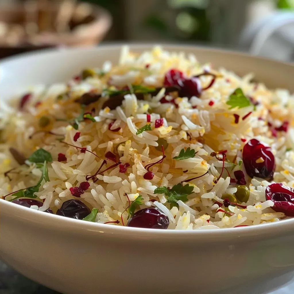 ['Close-up of a colorful berry pilaf with basmati rice and spices.', 'Side view of richly colored berry pulao garnished with saffron.', 'A vibrant bowl of berry pilaf highlighting rice and dried fruits.', 'Juicy berry pulao with aromatic spices photographed closely.']