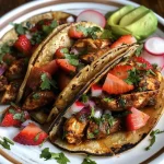 ['Close-up of blackened chicken tacos topped with strawberry salsa and garnished with cilantro.', 'Juicy blackened chicken tacos with colorful strawberry salsa, avocado, and radish slices.', 'Side view of delicious blackened chicken tacos featuring vibrant strawberry salsa and fresh toppings.', 'Close-up image of blackened chicken tacos adorned with jalapenos, strawberries, and cilantro.']