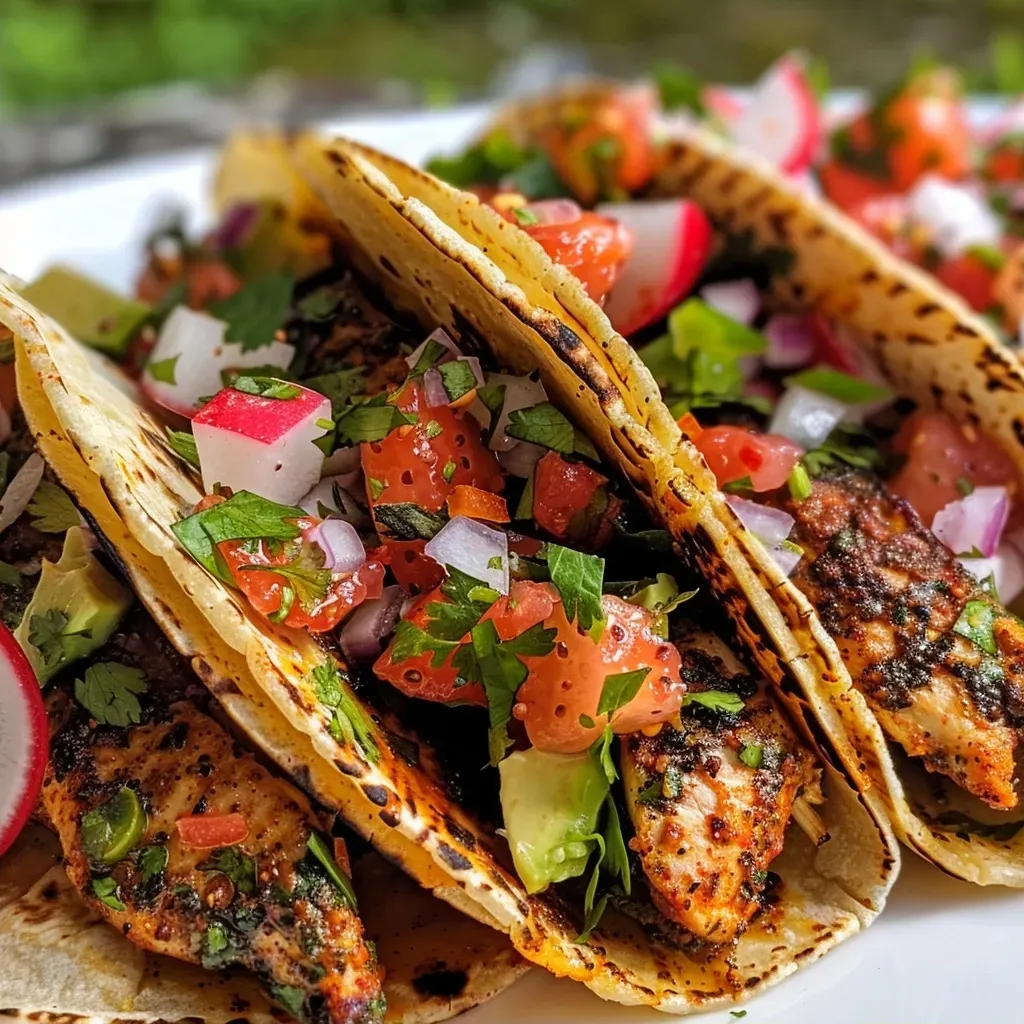 ['Close-up of blackened chicken tacos topped with strawberry salsa and garnished with cilantro.', 'Juicy blackened chicken tacos with colorful strawberry salsa, avocado, and radish slices.', 'Side view of delicious blackened chicken tacos featuring vibrant strawberry salsa and fresh toppings.', 'Close-up image of blackened chicken tacos adorned with jalapenos, strawberries, and cilantro.']