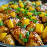 ['Close-up of juicy blistered mango chicken in a skillet, garnished with green onions.', 'Side view of a vibrant mango chicken dish, featuring chunks of chicken and diced mango.', 'Detailed shot of blistered mango chicken sizzling in a skillet, with garlic and sauce visible.', 'Colorful skillet of mango chicken with a glossy glaze and sprinkled green onions.']
