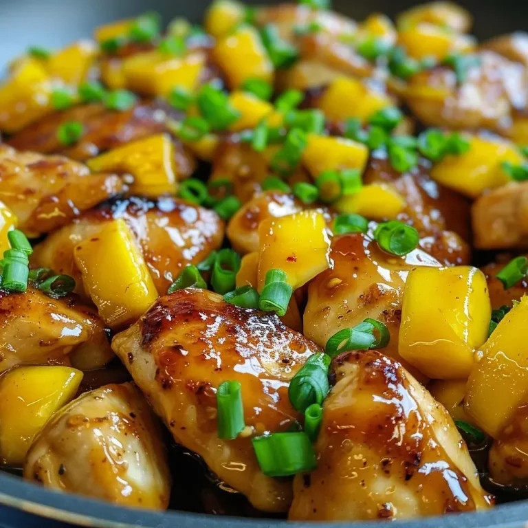 ['Close-up of juicy blistered mango chicken in a skillet, garnished with green onions.', 'Side view of a vibrant mango chicken dish, featuring chunks of chicken and diced mango.', 'Detailed shot of blistered mango chicken sizzling in a skillet, with garlic and sauce visible.', 'Colorful skillet of mango chicken with a glossy glaze and sprinkled green onions.']