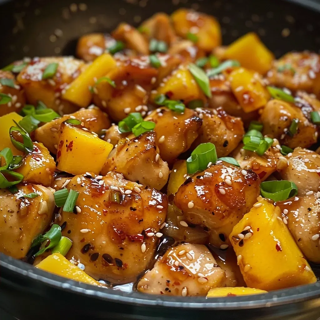 ['Close-up of juicy blistered mango chicken in a skillet, garnished with green onions.', 'Side view of a vibrant mango chicken dish, featuring chunks of chicken and diced mango.', 'Detailed shot of blistered mango chicken sizzling in a skillet, with garlic and sauce visible.', 'Colorful skillet of mango chicken with a glossy glaze and sprinkled green onions.']
