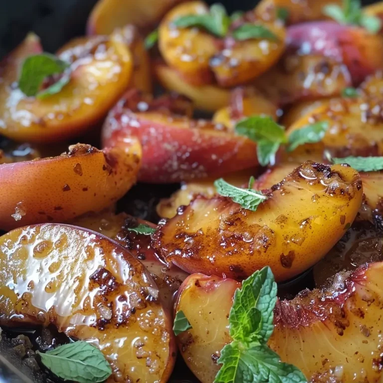 ['Close-up of juicy caramelized skillet peaches with a glossy finish.', 'Halved peaches cooked in butter and brown sugar, garnished with mint.', 'Sizzling caramelized peaches in a skillet, ready to be served.', 'A vibrant dish of skillet-cooked peaches topped with a scoop of vanilla ice cream.']