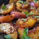 ['Close-up view of juicy caramelized peaches in a skillet, glistening with syrup.', 'Freshly sliced peaches cooked to a golden brown with cinnamon in a skillet.', 'Skillet filled with caramelized peach slices, topped with a sprinkle of cinnamon.', 'Deliciously caramelized peaches served in a skillet, looking warm and inviting.']
