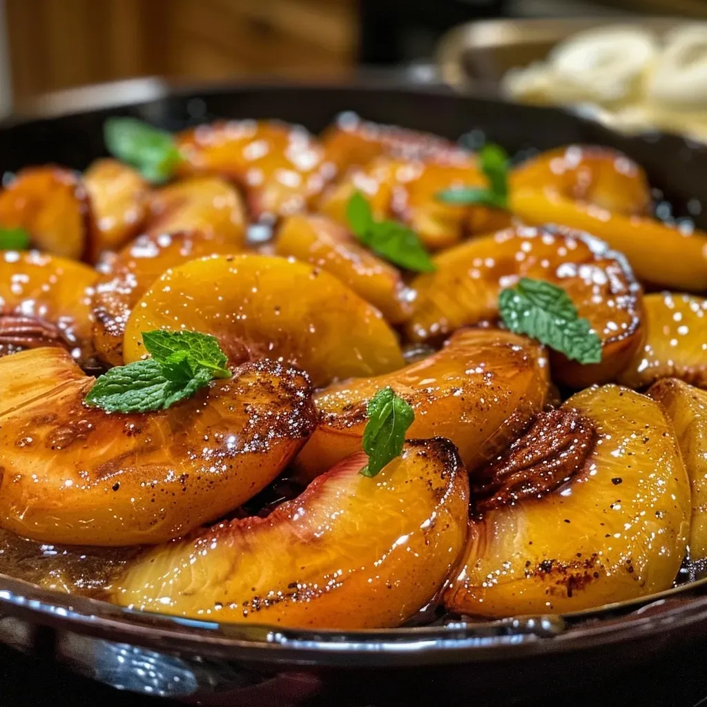 ['Close-up view of juicy caramelized peaches in a skillet, glistening with syrup.', 'Freshly sliced peaches cooked to a golden brown with cinnamon in a skillet.', 'Skillet filled with caramelized peach slices, topped with a sprinkle of cinnamon.', 'Deliciously caramelized peaches served in a skillet, looking warm and inviting.']