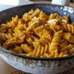 ['Close-up view of a creamy chicken curry pasta dish with colorful ingredients.', 'Side view of penne pasta mixed with chicken in a rich curry sauce, garnished with herbs.', 'Juicy pieces of chicken and pasta coated in a vibrant yellow curry sauce.', 'Tantalizing chicken curry pasta served in a bowl, showcasing creamy texture and spices.']